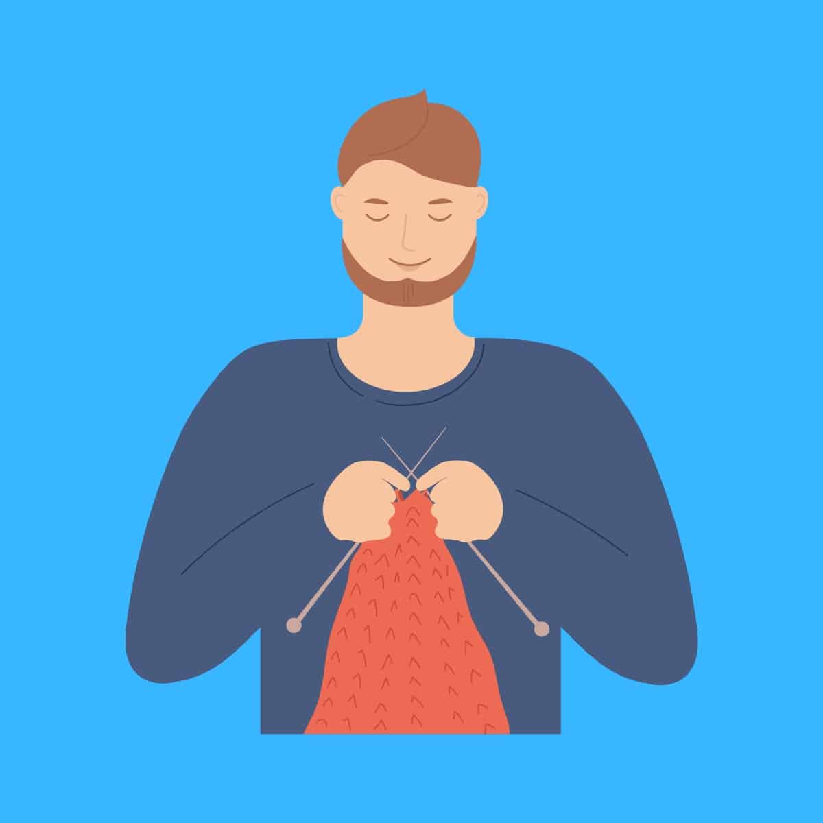 Cartoon graphic of a man knitting on blue background.