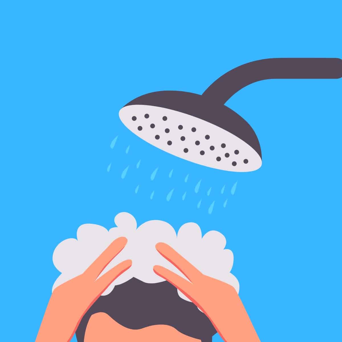 Cartoon graphic of the top of a man's head under a shower on a blue background.
