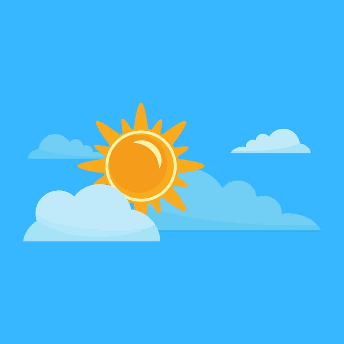 Cartoon graphic of the sky clouds and sun on a blue background.
