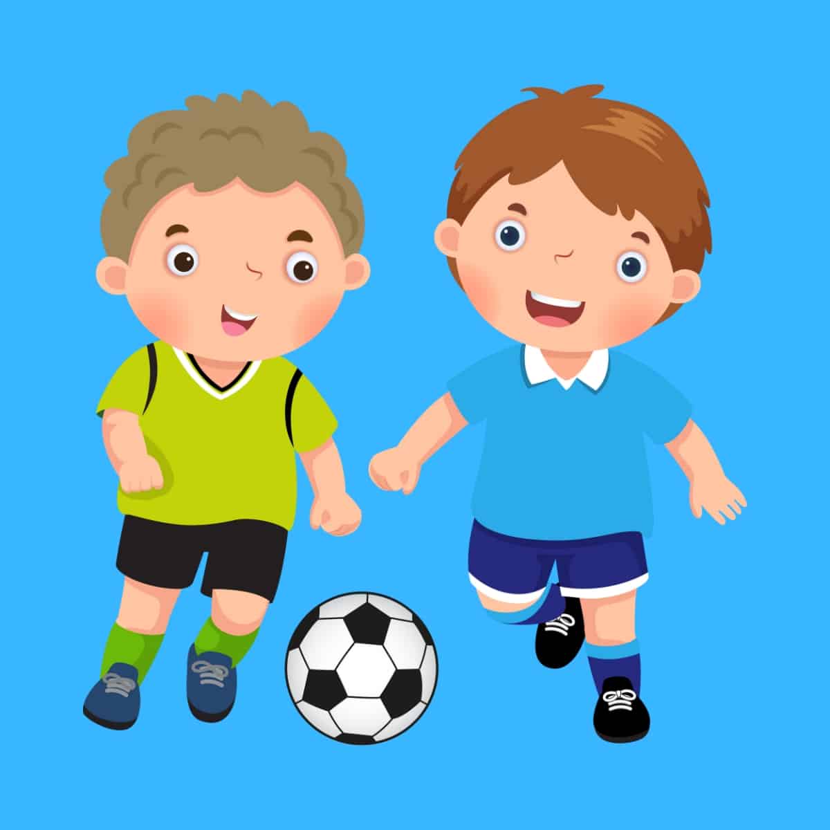 Cartoon graphic of two boys kicking a soccer ball on blue background.