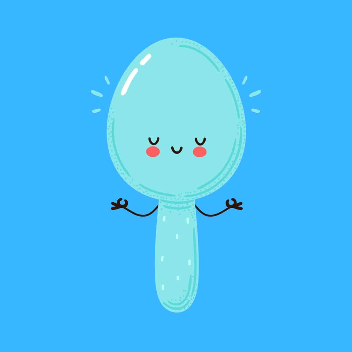 Cartoon graphic of a blue spoon doing a Zen pose with its eyes closed on a blue background.