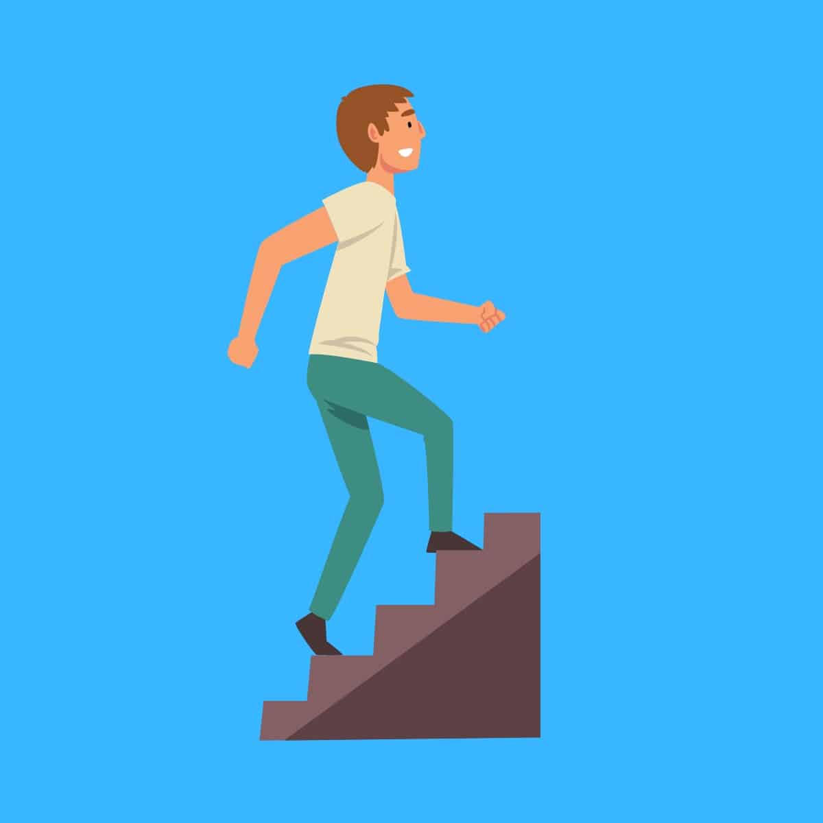 Cartoon graphic of a man smiling and climbing stairs on a blue background.