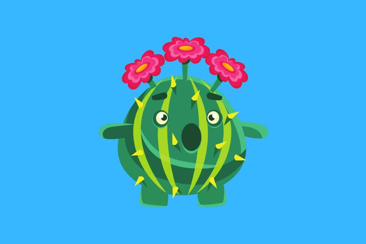 Cartoon graphic of a surprised walking succulent with 3 pink flowers on its head on a blue background.