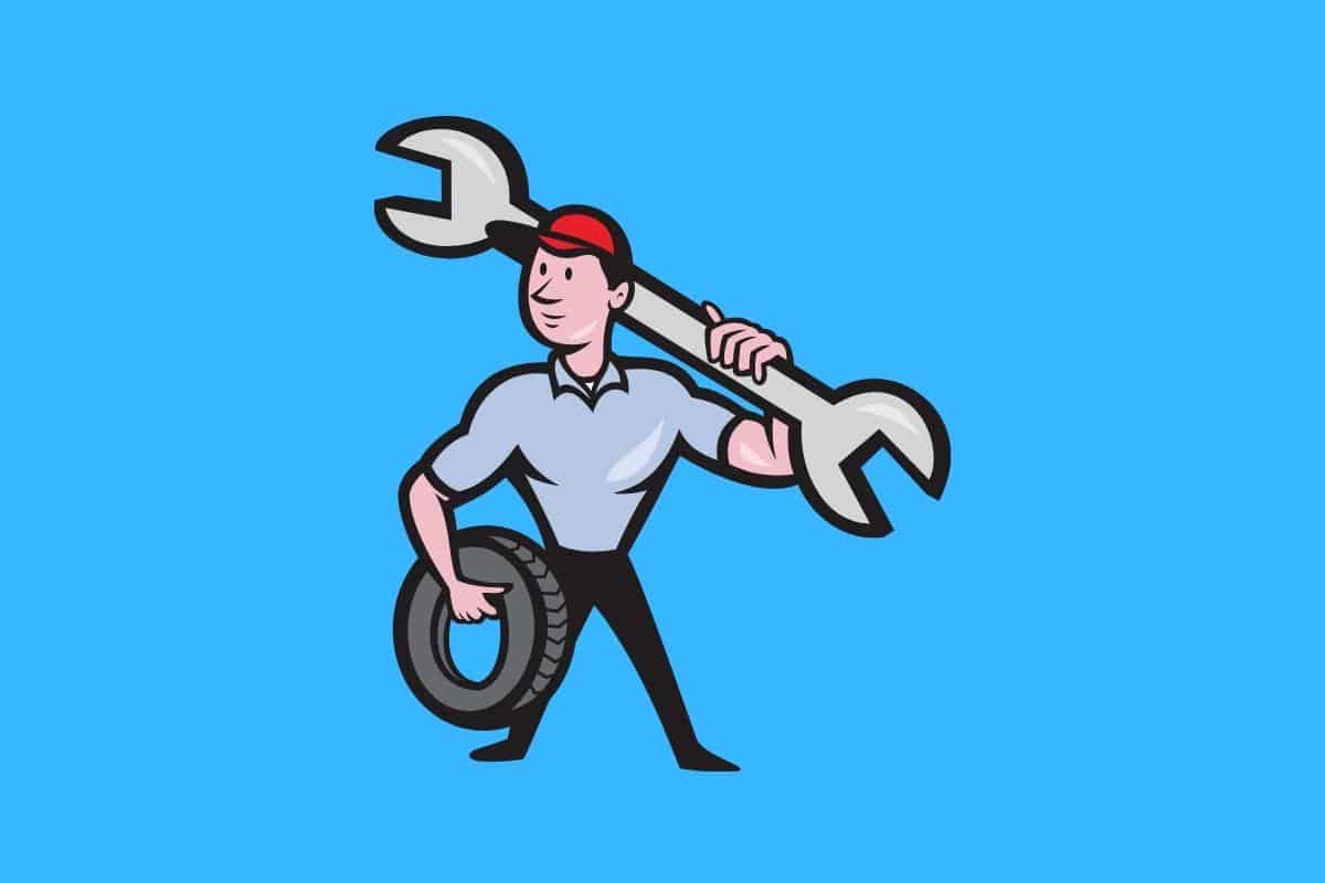 Cartoon graphic of a man holding a tire and a massive wrench on a blue background.