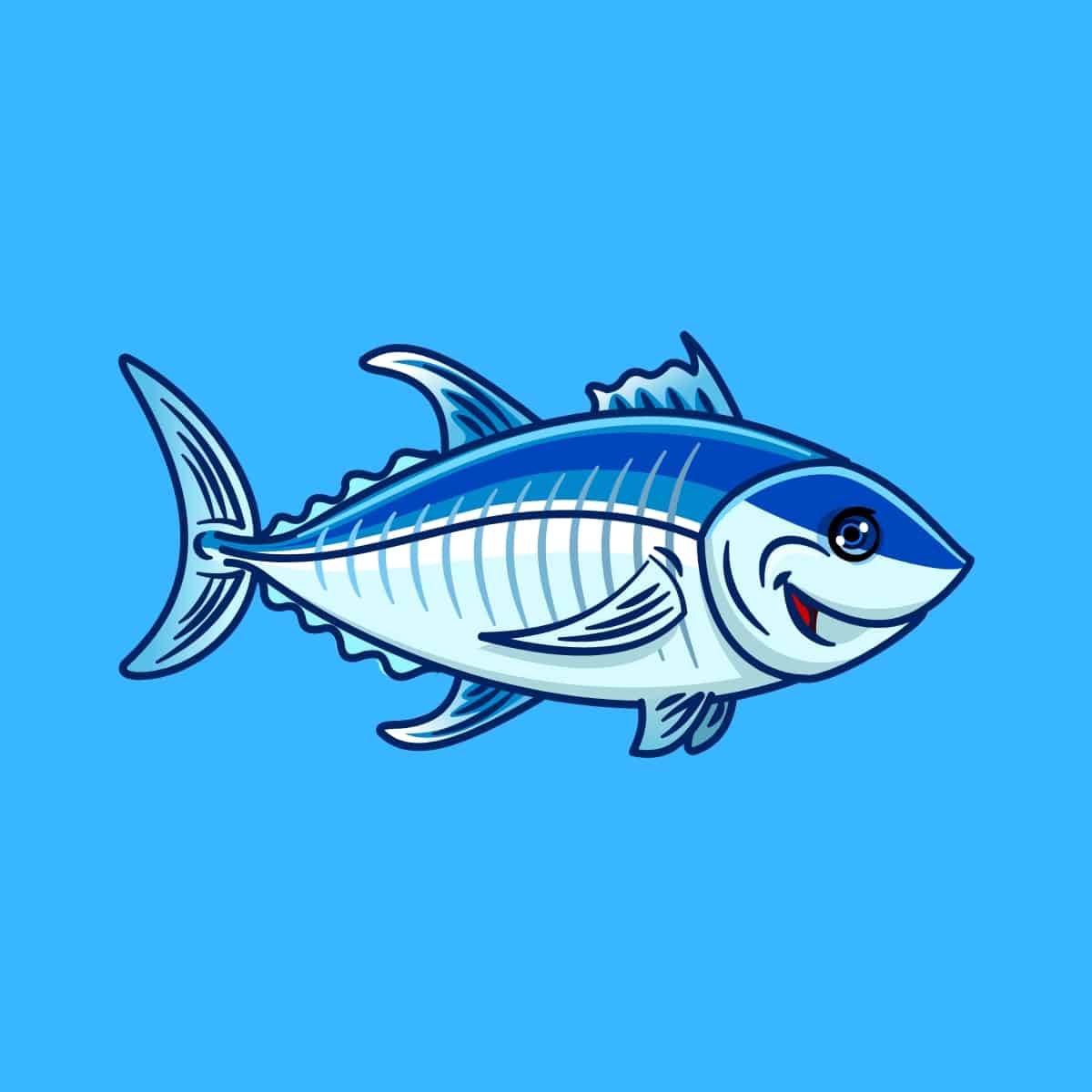 Cartoon graphic of a smiling blue tuna on blue background.