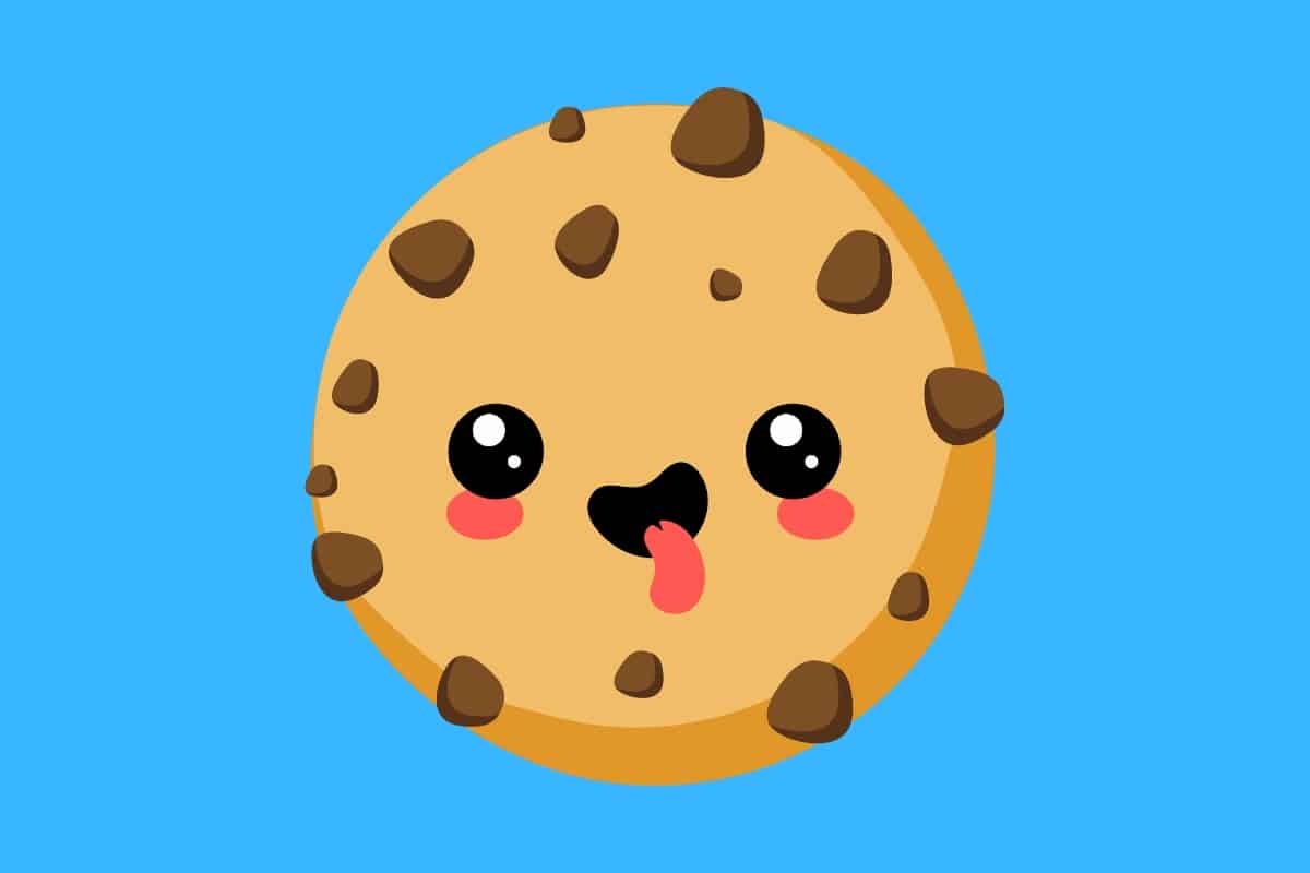 Cartoon graphic of a chocolate chip biscuit with a silly face on a blue background.