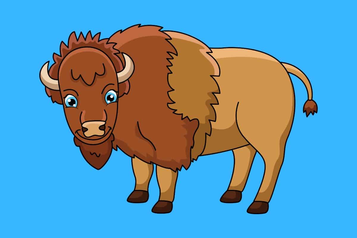 Cartoon graphic of a bison smiling with blue eyes on a blue background.