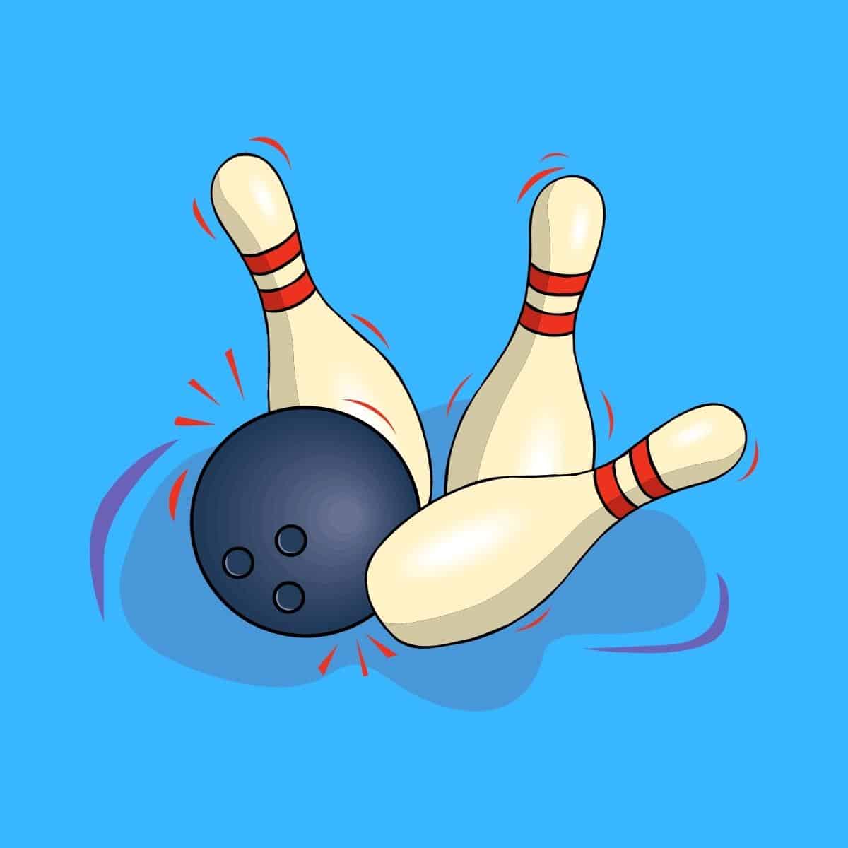 Cartoon graphic of a bowling ball hitting 3 pins on blue background.