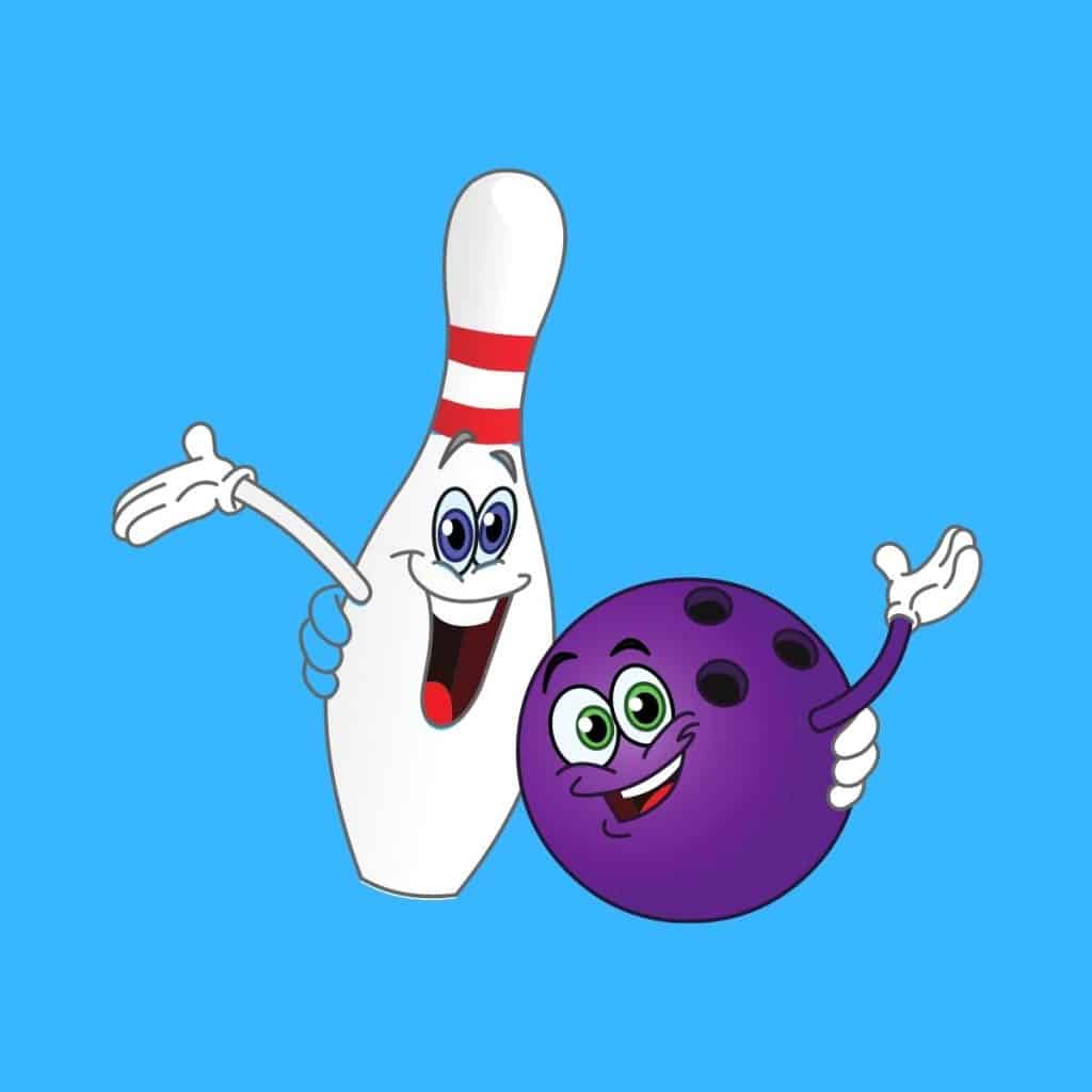 Cartoon graphic of a bowling ball and a pin hugging and smiling on blue background.