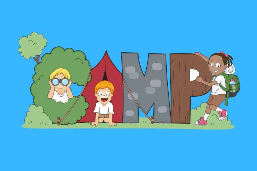 Cartoon graphic of the word camp is spelled out with 3 kids around and the A is actually a tent on a blue background.