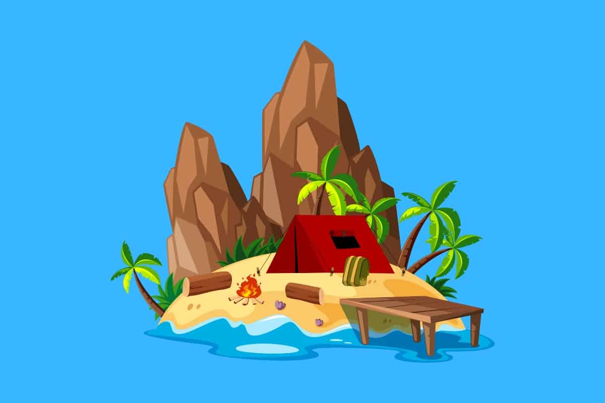 Cartoon graphic of a a red tent on an island with a dock and a campfire on a blue background.