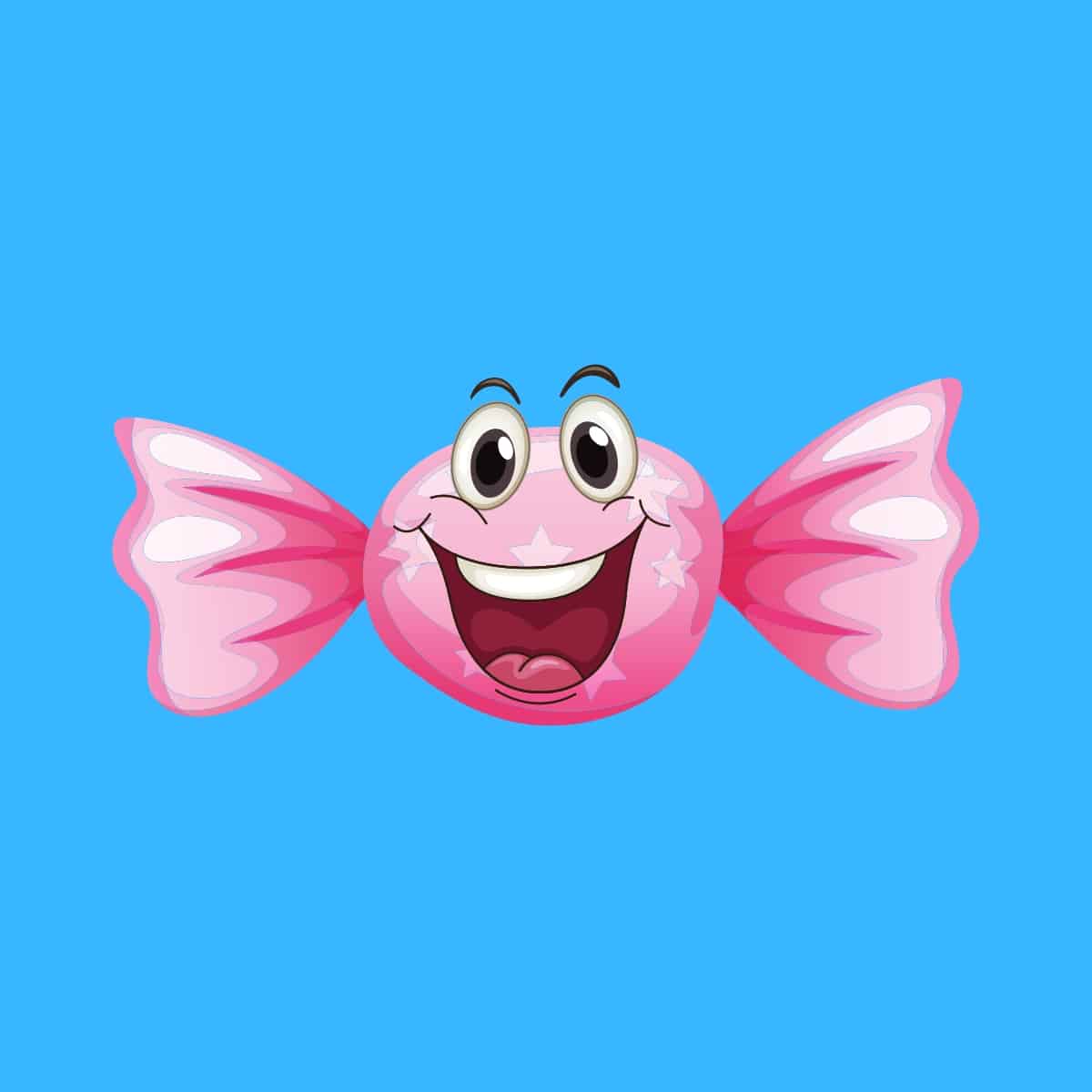 Cartoon graphic of a smiling candy on blue background.