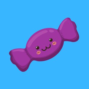 Cartoon graphic of a purple smiling candy on blue background.