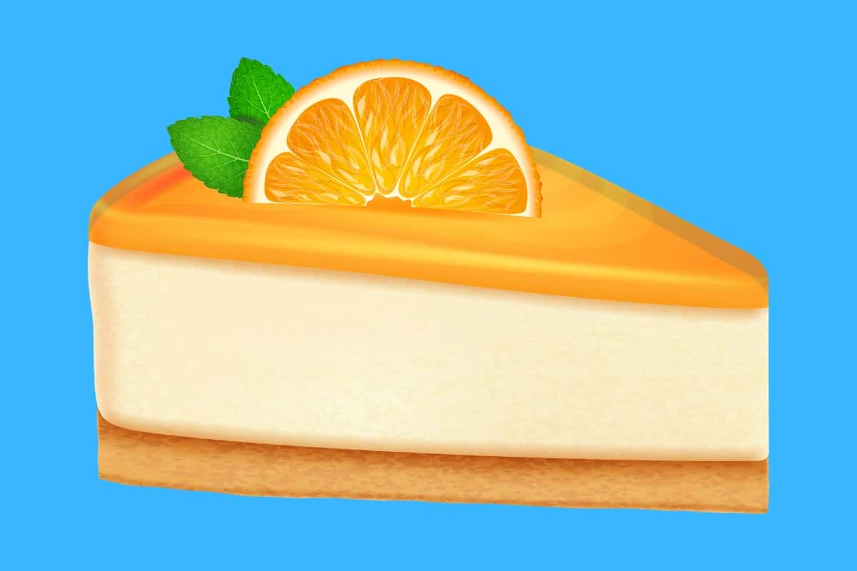 Cartoon graphic of an orange cheesecake slice on a blue background.