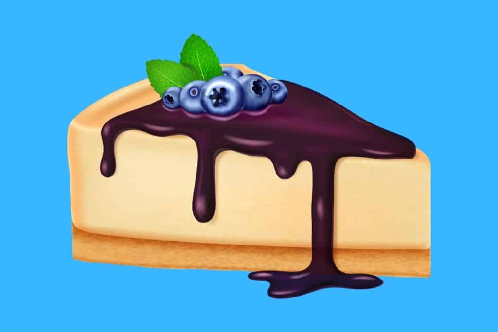 Cartoon graphic of a blueberry cheesecake slice on a blue background.