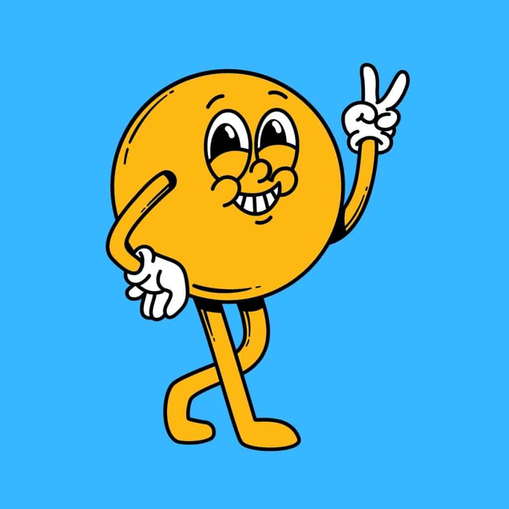 Cartoon graphic of a yellow circle smiling and walking while doing peace sign on blue background.