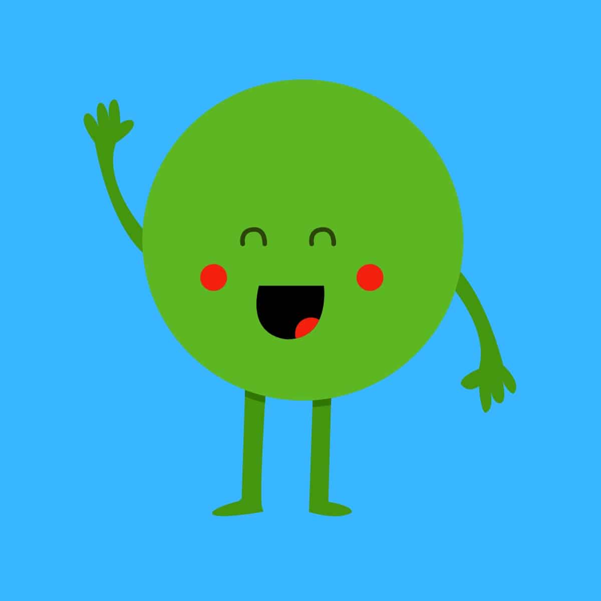 Cartoon graphic of a waving green circle that's smiling on blue background.