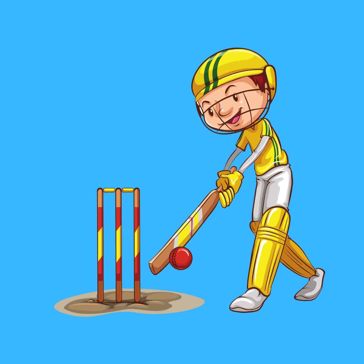 Cartoon graphic of an Australian cricket batsman hitting a cricket ball by the wickets on blue background.