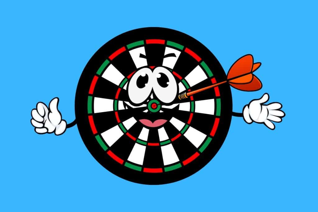 Cartoon graphic of a dart board with hands and a smiling face on a blue background.