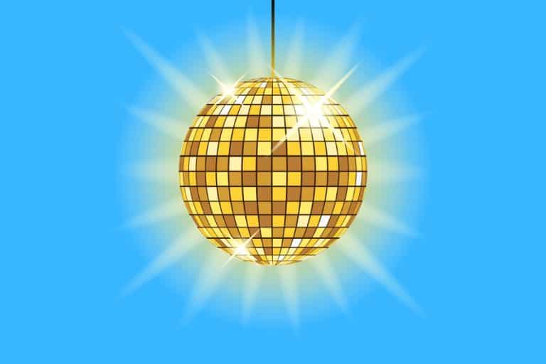 Cartoon graphic of a golden disco ball on a blue background.