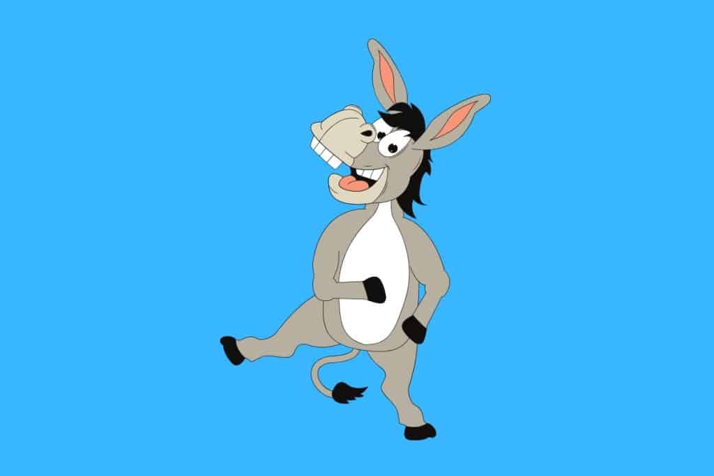 Cartoon graphic of a donkey standing on one leg dancing on a blue background.