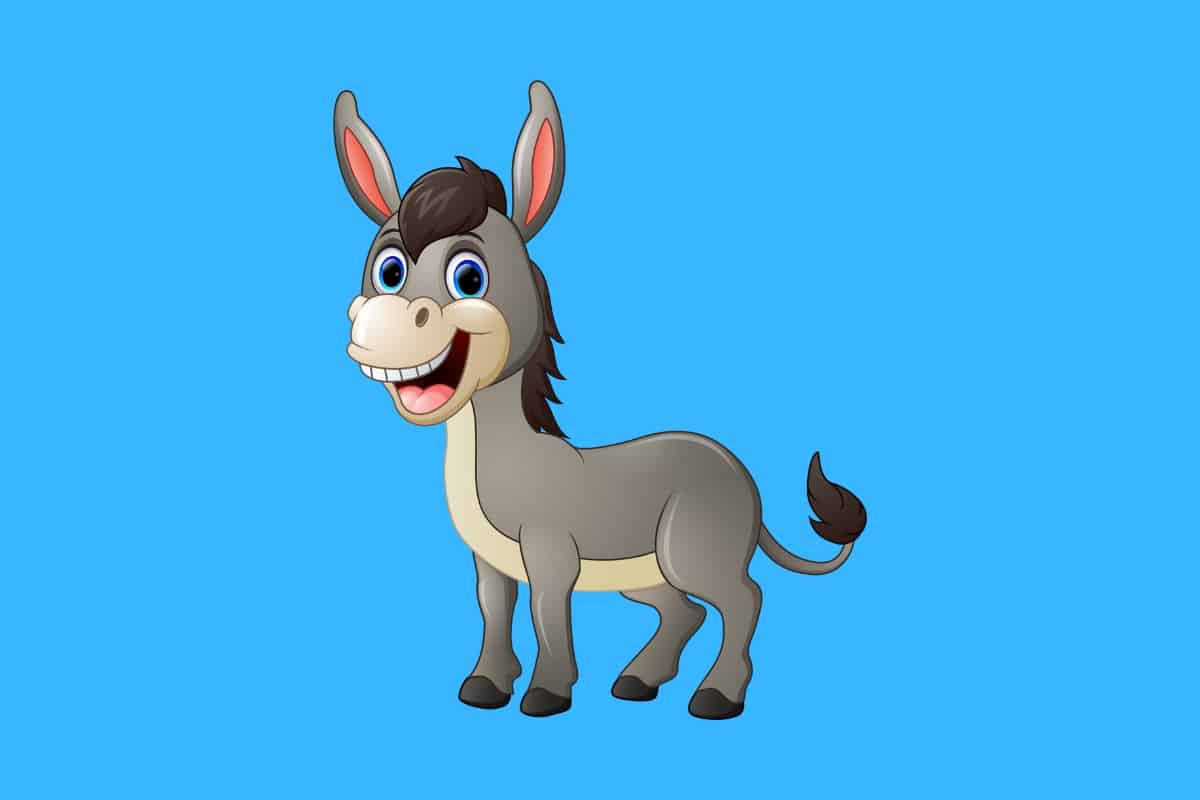 Cartoon graphic of a donkey with blue eyes smiling on a blue background.