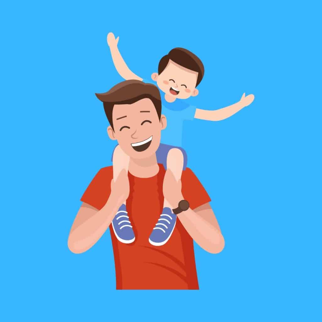 Cartoon graphic of a Father and his boy on his shoulders on Father's day on a blue background.