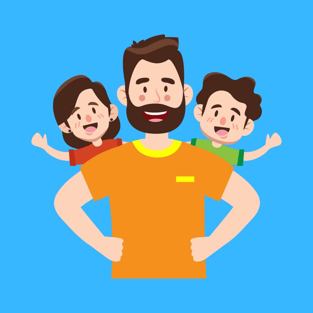 Cartoon graphic of a dad with his two kids behind him on Father's Day on a blue background.