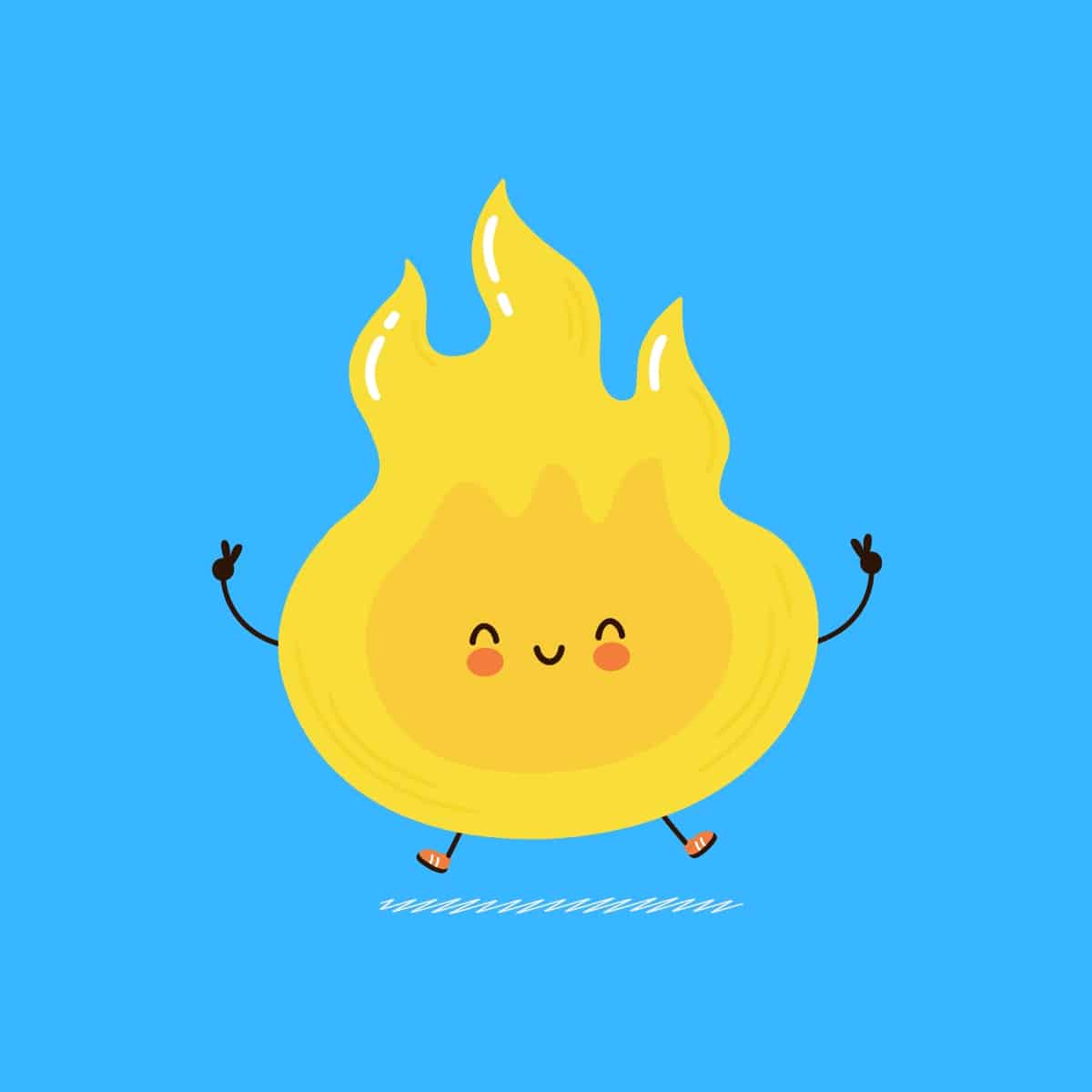 Cartoon graphic of a jumping yellow fire flame smiling on blue background.