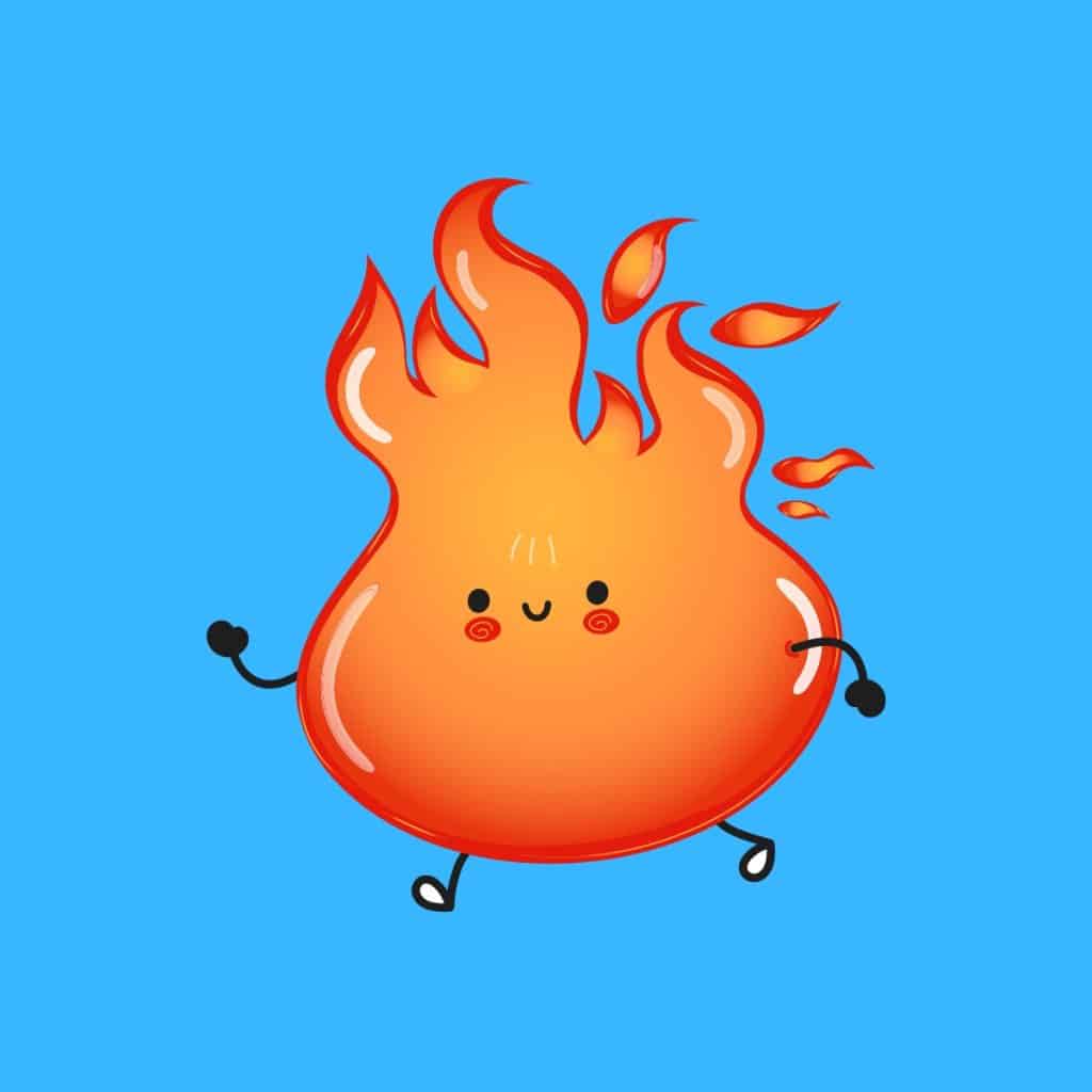 Cartoon graphic of a walking red fire flame smiling on blue background.