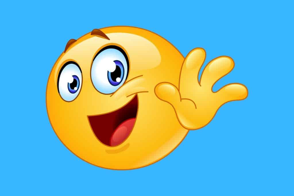 Cartoon graphic of a smiley face waving goodbye on a blue background.