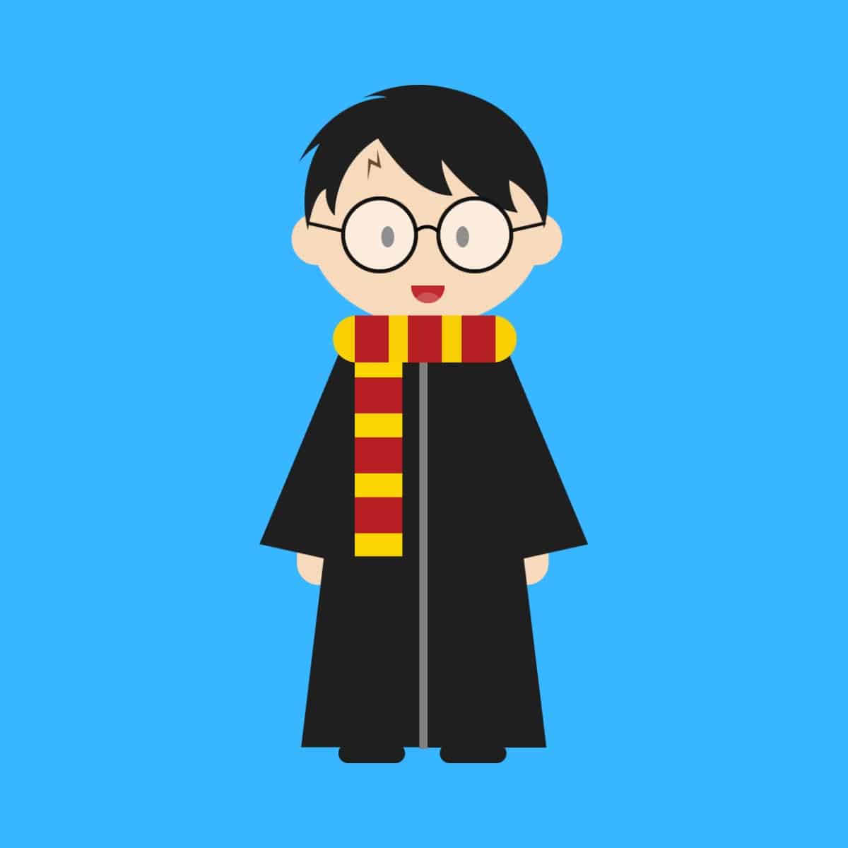 Cartoon graphic of Harry Potter with his robe and scarf on a blue background.