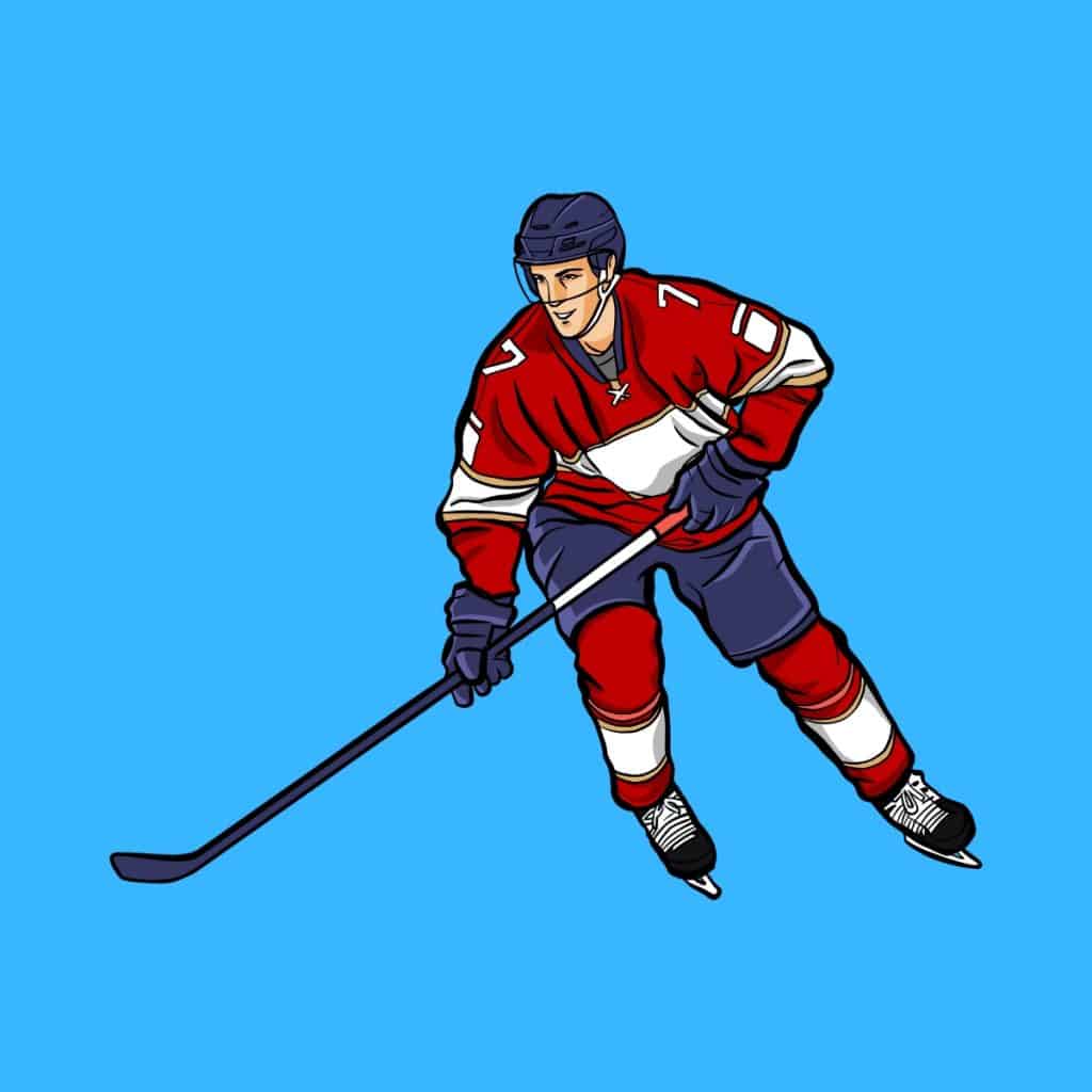 Cartoon graphic of a professional hockey player on blue background.