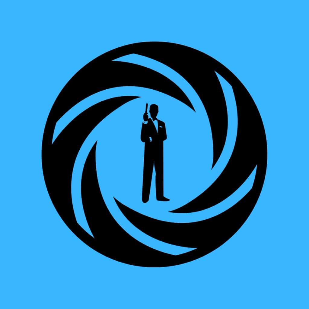Cartoon graphic of black-colored James Bond through a lens on a blue background.