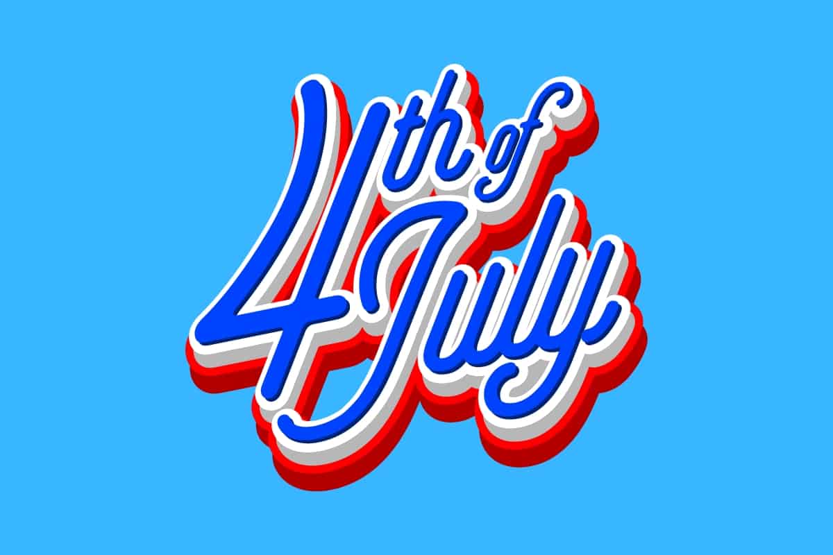 Cartoon graphic of red white and blue block letters spelling out 4th of July on a blue background.