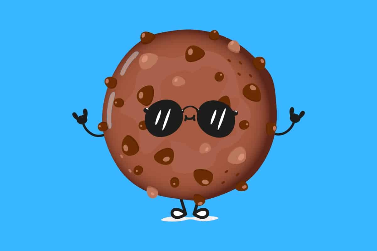 Cartoon graphic of a chocolate biscuit standing and wearing sunglasses on a blue background.