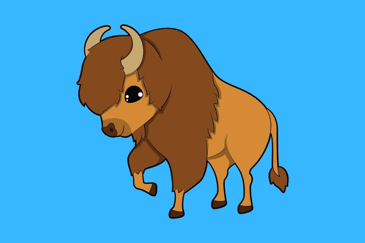 Cartoon graphic of a cute bison on a blue background.