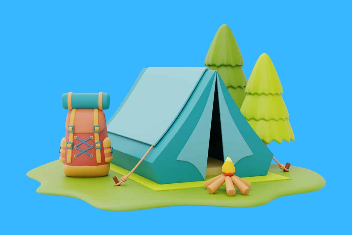 Cartoon graphic of a blue tent a tamping pack and a campfire on a blue background.