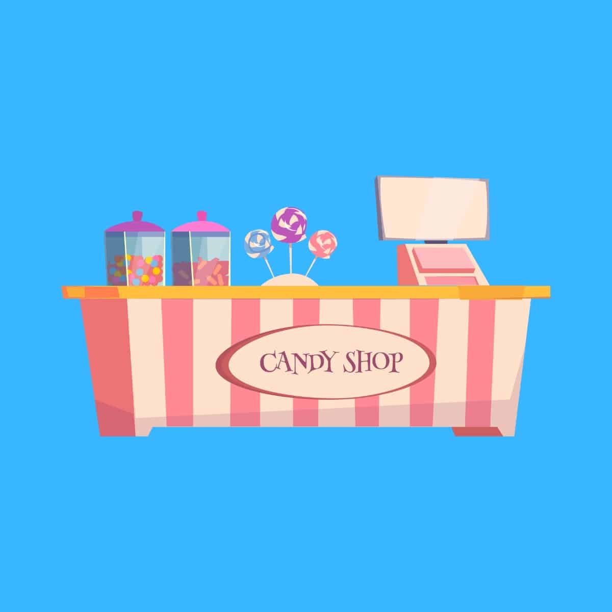 Cartoon graphic of a candy shop on blue background.