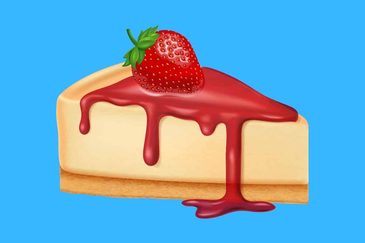 Cartoon graphic of a strawberry cheesecake slice on a blue background.