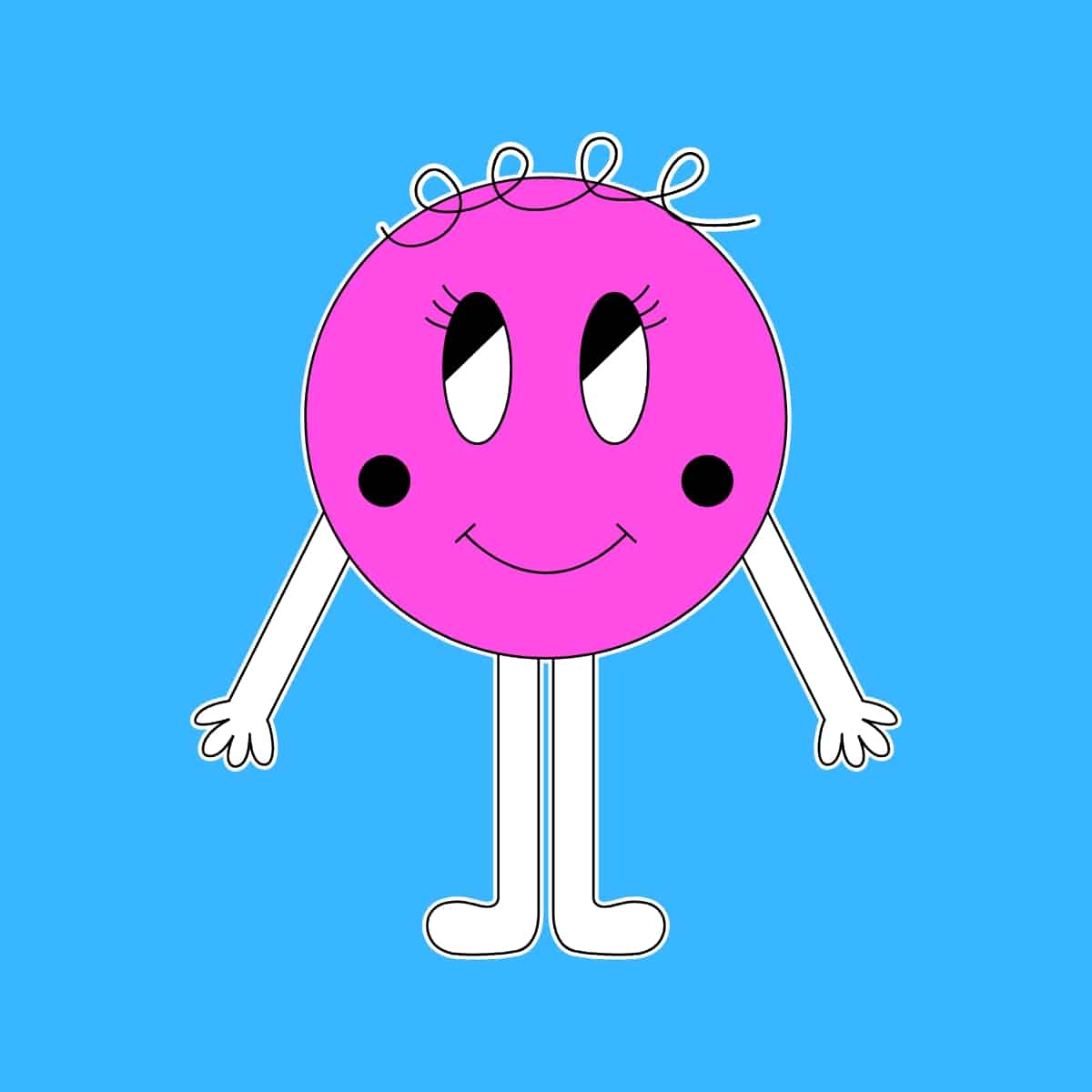 Cartoon graphic of a pink circle with arms and legs and hair smiling on blue background.