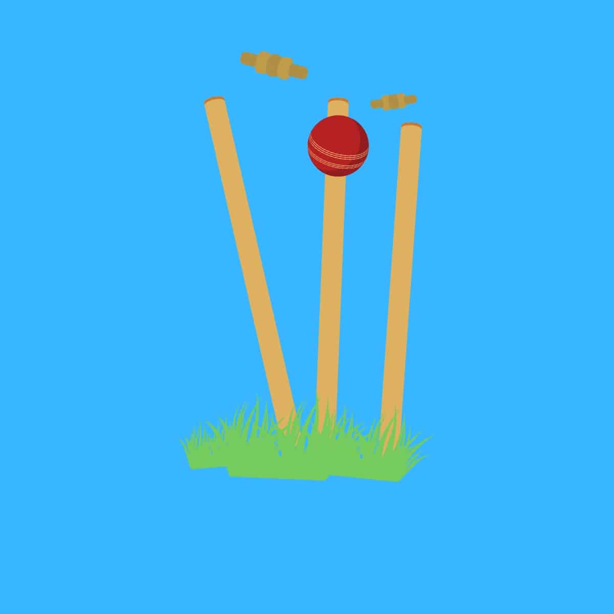 Cartoon graphic of a cricket ball knocking off the stumps of the wickets on blue background.