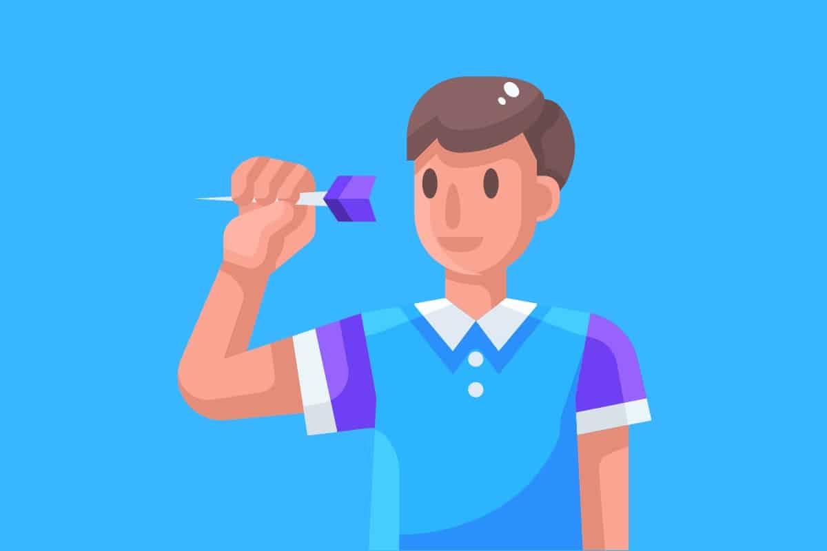 Cartoon graphic of a boy about to throw a dart on a blue background.