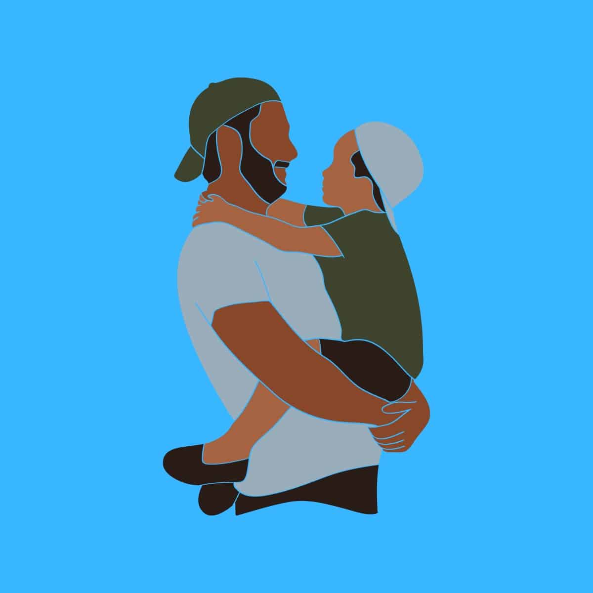 Cartoon graphic of a boy hugging his dad on Father's Day on a blue background.