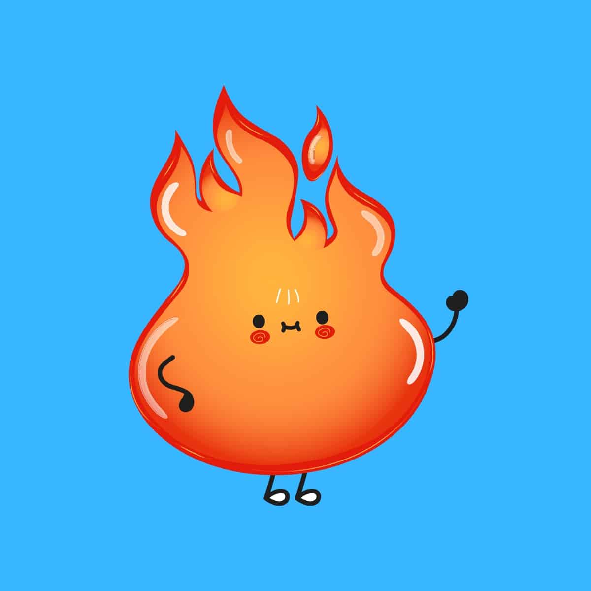 Cartoon graphic of a fire flame waving and smiling on blue background.