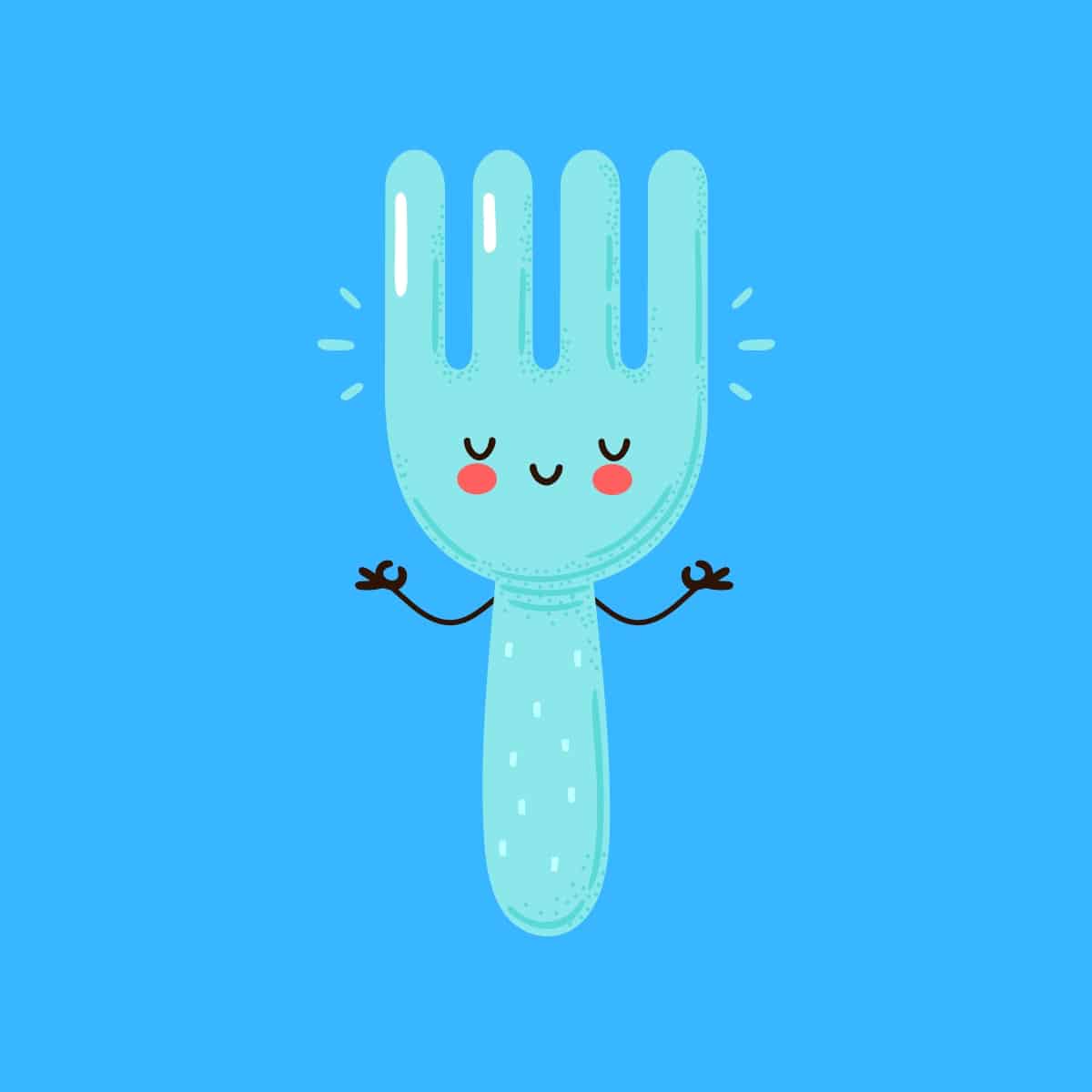 Cartoon graphic of a blue fork doing a Zen pose with its eyes closed on a blue background.