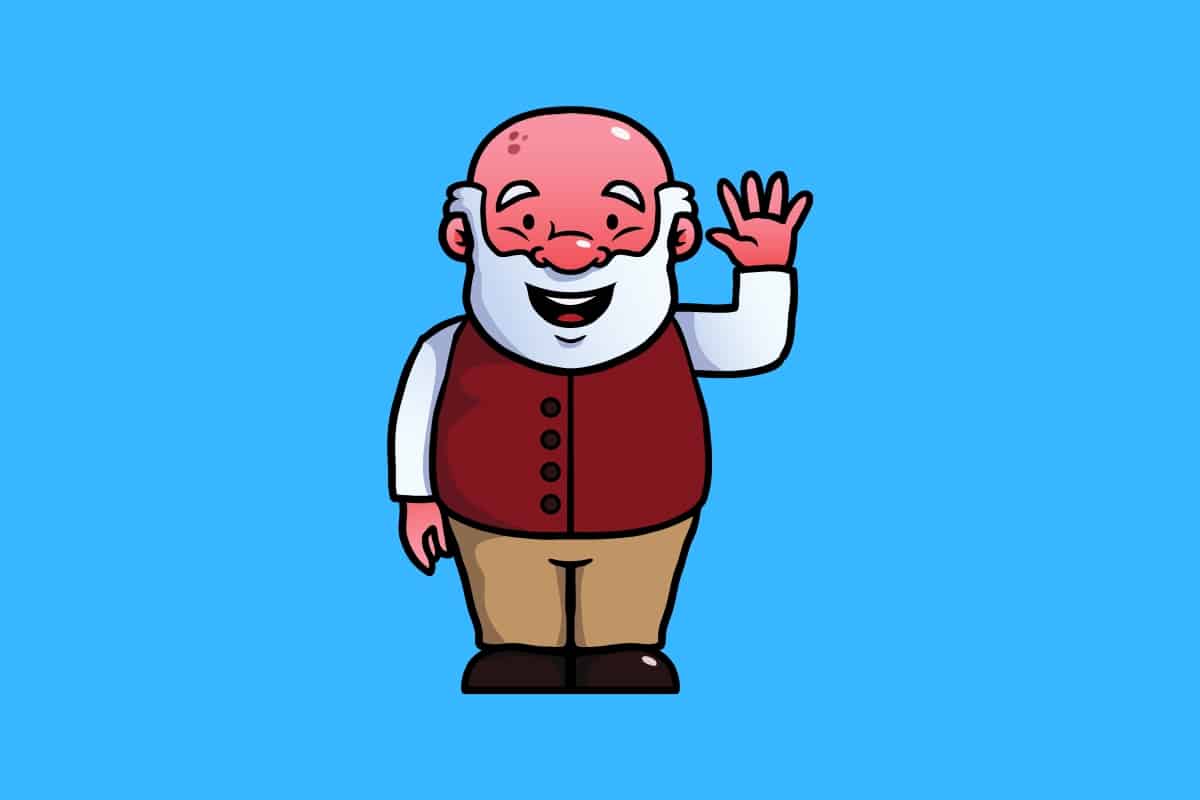 Cartoon graphic of an old man with a white beard and bald head waving goodbye on a blue background.