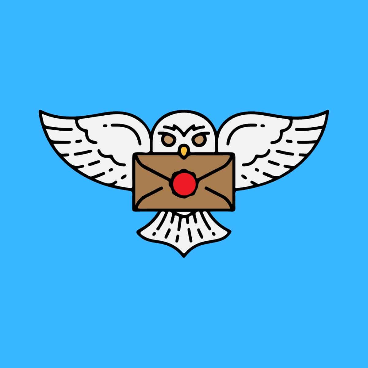 Cartoon graphic of a Harry Potter owl holding a letter in its mouth on a blue background.