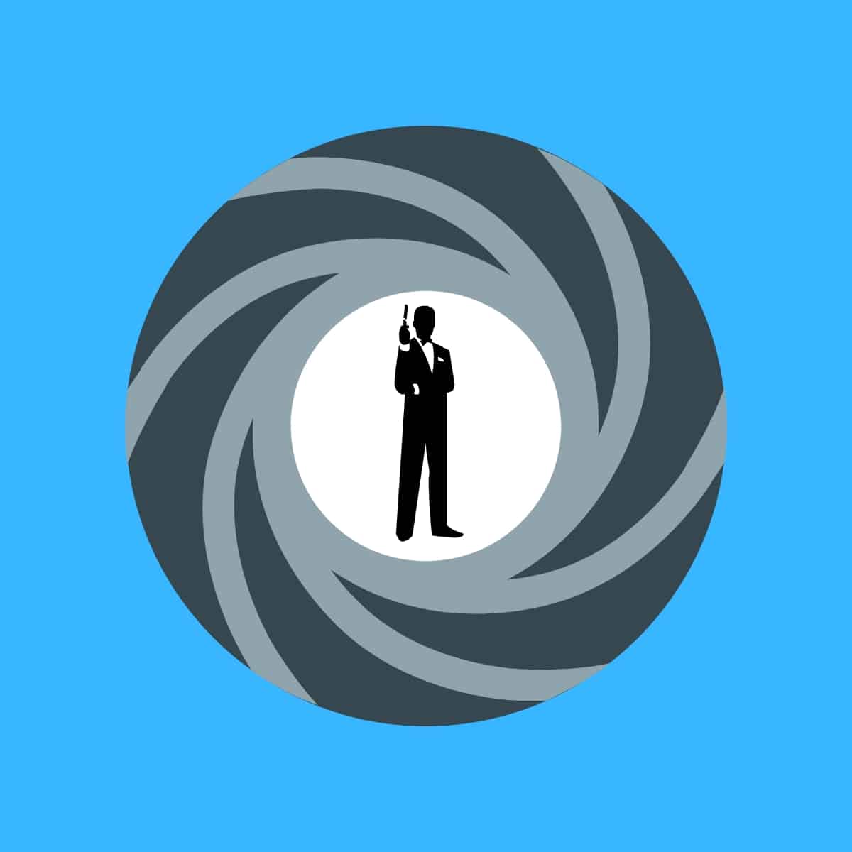 Cartoon graphic of James Bond through a lens on a blue background.