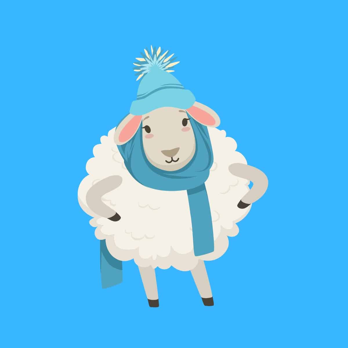 Cartoon graphic of a sheep standing and wearing a knitted scarf and beanie on blue background.